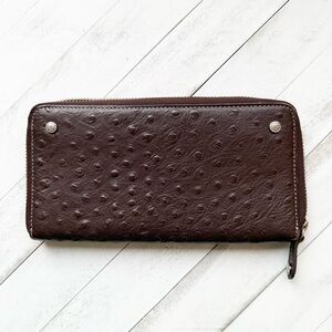Anne Klein Ostrich Embossed Leather Continental Slim Long Zipper WalletBrown EUC